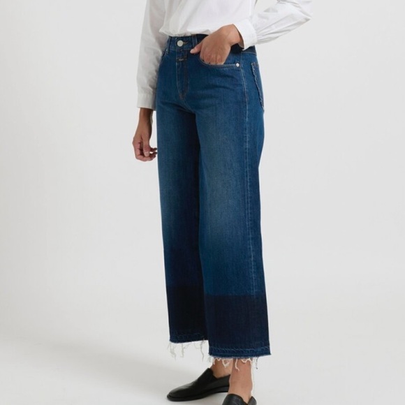 Closed- Wide Leg Dark Wash “Glow” Raw Edge Denim Blue...